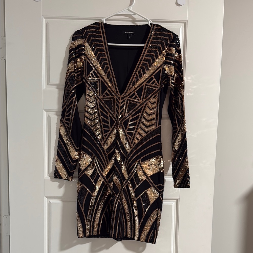 Express Black and Gold Sequin Long Sleeve Dress